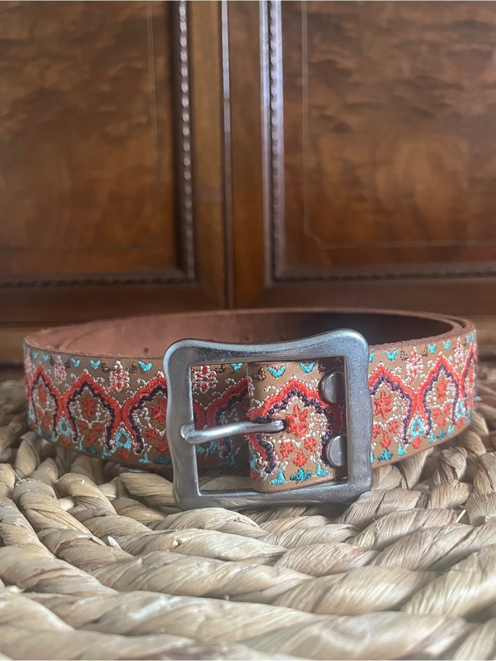 Lucky Brand Brown Leather Belt with Red and Turquoise Embroidery